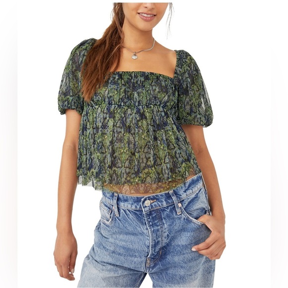 NWT Free People Penelope Blouse Deep Sea Combo Size Medium - Picture 1 of 10